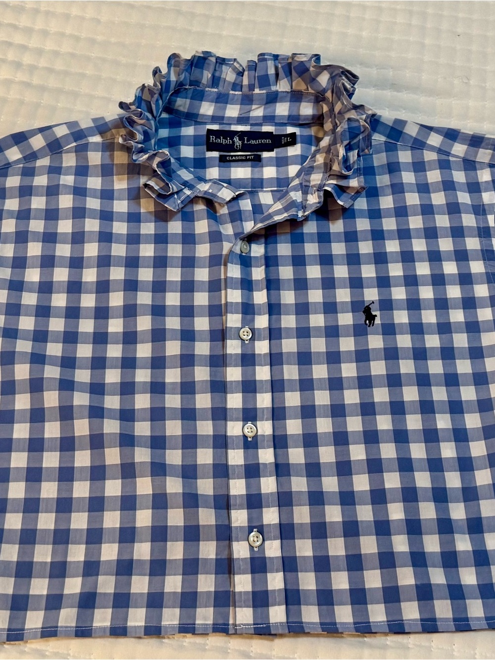 Upcycled Men’s Ralph Lauren Blue and White Gingham Ruffle-Collar Button-Down - Picture 7 of 7